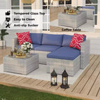 Ensemble de mobilier de patio 5 pièces, ensemble de patio toutes saisons - Sectionnel en rotin PE avec table en verre trempé, mobilier d'extérieur modulaire pour terrasses de piscine, marron