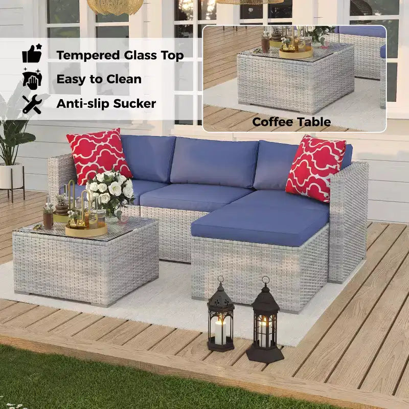 Ensemble de mobilier de patio 5 pièces, ensemble de patio toutes saisons - Sectionnel en rotin PE avec table en verre trempé, mobilier d'extérieur modulaire pour terrasses de piscine, marron