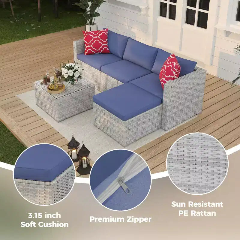 Ensemble de mobilier de patio 5 pièces, ensemble de patio toutes saisons - Sectionnel en rotin PE avec table en verre trempé, mobilier d'extérieur modulaire pour terrasses de piscine, marron