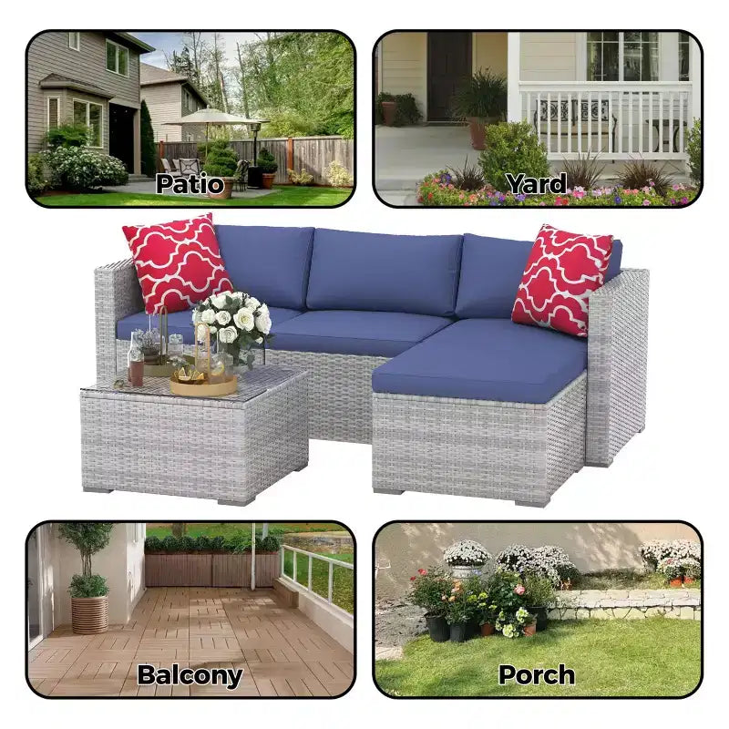 Ensemble de mobilier de patio 5 pièces, ensemble de patio toutes saisons - Sectionnel en rotin PE avec table en verre trempé, mobilier d'extérieur modulaire pour terrasses de piscine, marron
