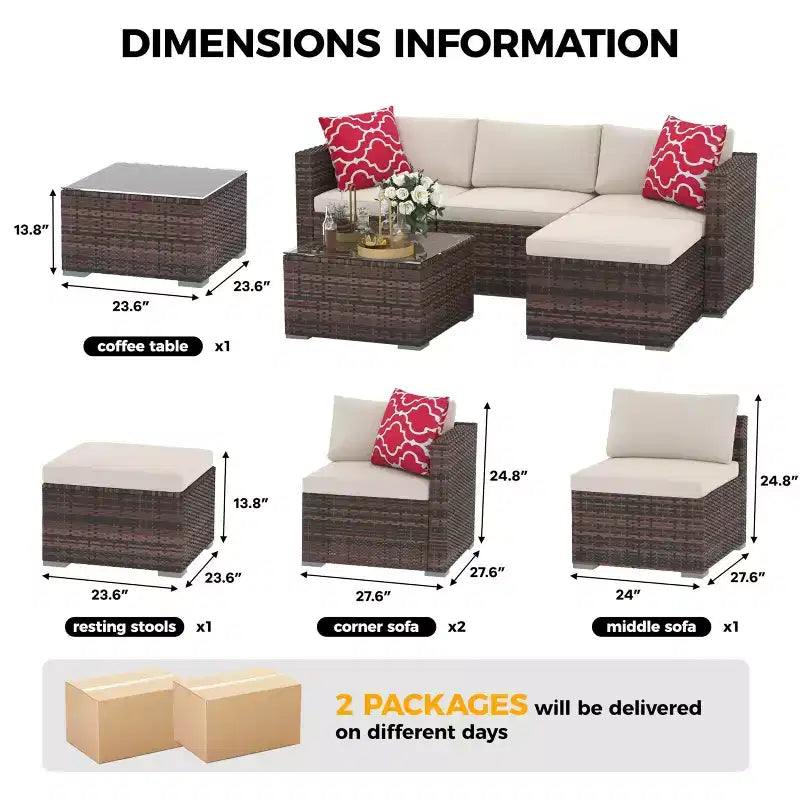 Ensemble de mobilier de patio 5 pièces, ensemble de patio toutes saisons - Sectionnel en rotin PE avec table en verre trempé, mobilier d'extérieur modulaire pour terrasses de piscine, marron
