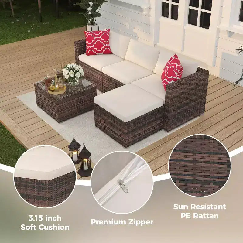Ensemble de mobilier de patio 5 pièces, ensemble de patio toutes saisons - Sectionnel en rotin PE avec table en verre trempé, mobilier d'extérieur modulaire pour terrasses de piscine, marron