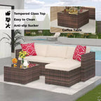 Ensemble de mobilier de patio 5 pièces, ensemble de patio toutes saisons - Sectionnel en rotin PE avec table en verre trempé, mobilier d'extérieur modulaire pour terrasses de piscine, marron