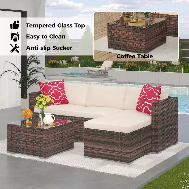 Ensemble de mobilier de patio 5 pièces, ensemble de patio toutes saisons - Sectionnel en rotin PE avec table en verre trempé, mobilier d'extérieur modulaire pour terrasses de piscine, marron