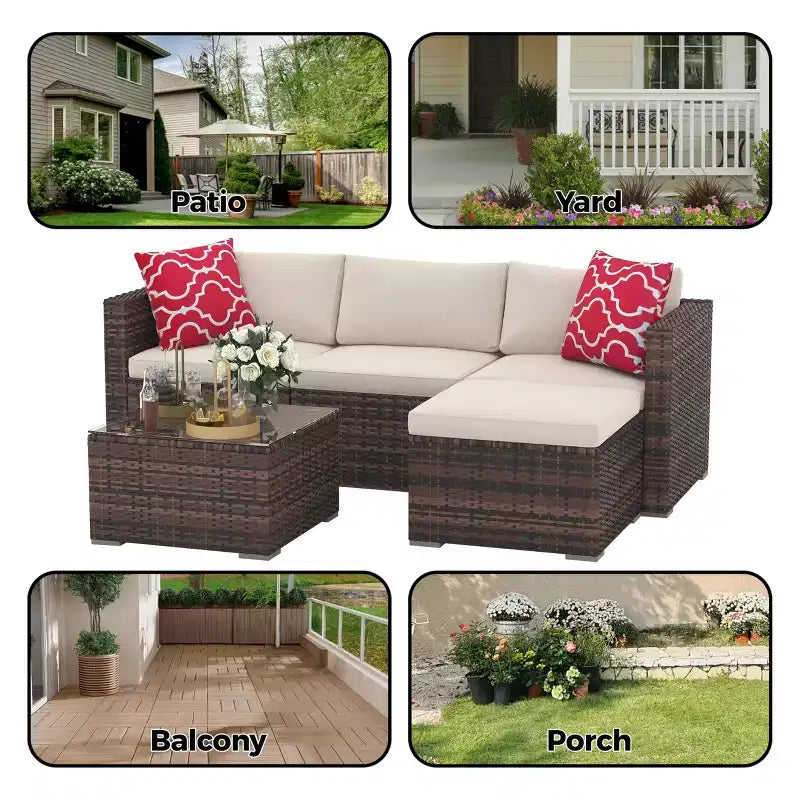 Ensemble de mobilier de patio 5 pièces, ensemble de patio toutes saisons - Sectionnel en rotin PE avec table en verre trempé, mobilier d'extérieur modulaire pour terrasses de piscine, marron