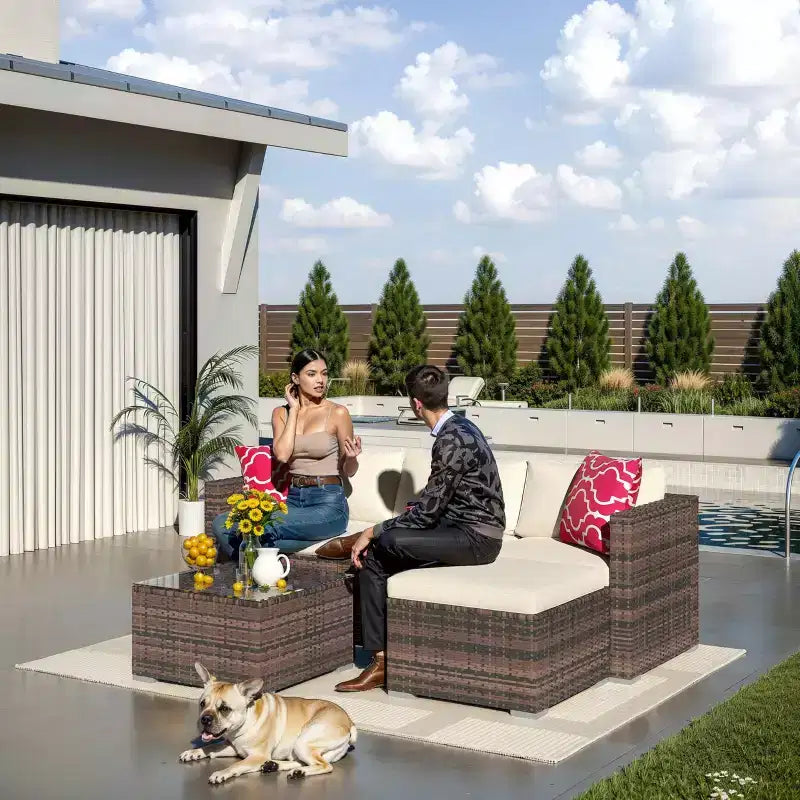 Ensemble de mobilier de patio 5 pièces, ensemble de patio toutes saisons - Sectionnel en rotin PE avec table en verre trempé, mobilier d'extérieur modulaire pour terrasses de piscine, marron