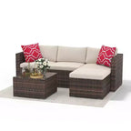 5-Piece Patio Furniture Set, All-Weather Patio Set - PE Wicker Sectional with Tempered Glass Table, Modular Outdoor Furniture for Pool Decks, Brown