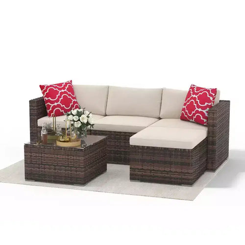 5-Piece Patio Furniture Set, All-Weather Patio Set - PE Wicker Sectional with Tempered Glass Table, Modular Outdoor Furniture for Pool Decks, Brown