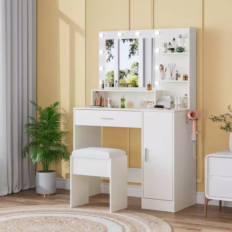 Coiffeuse moderne GustoWave avec miroir, tabouret de rangement à 4 tiroirs, table de maquillage pour chambre à coucher ou appartement