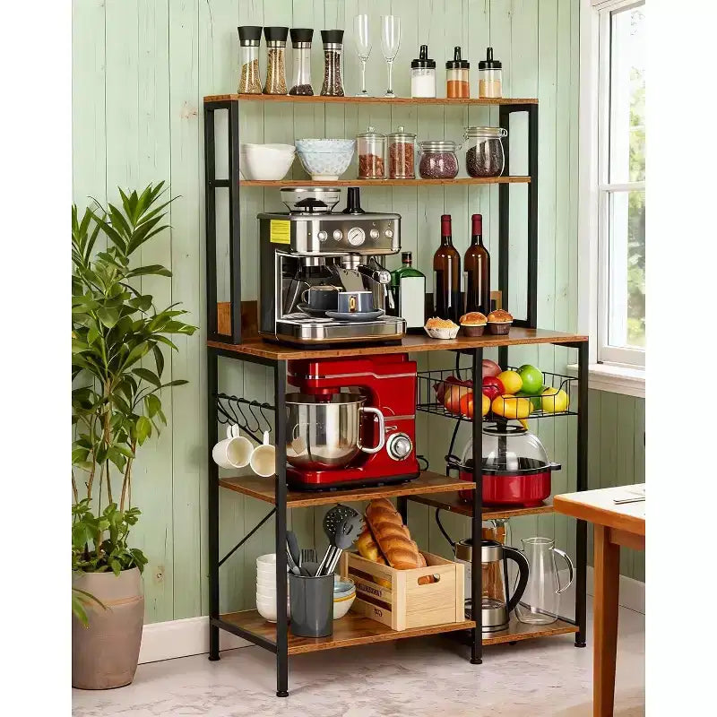 Étagère de cuisine à 4 niveaux pour boulanger et support de micro-ondes avec rangement. Station de bar à café et étagère à épices avec 5 crochets en S