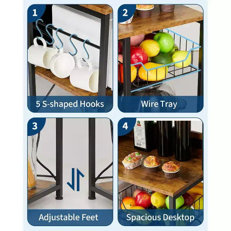 Étagère de cuisine à 4 niveaux pour boulanger et support de micro-ondes avec rangement. Station de bar à café et étagère à épices avec 5 crochets en S