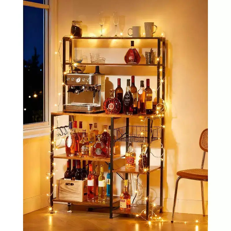 Étagère de cuisine à 4 niveaux pour boulanger et support de micro-ondes avec rangement. Station de bar à café et étagère à épices avec 5 crochets en S