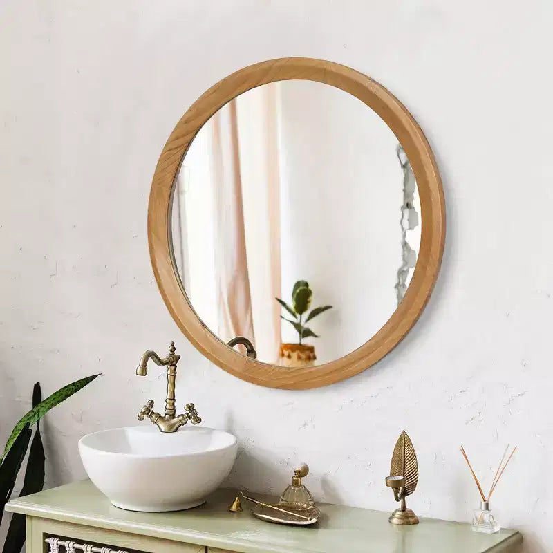 Whisen Round Distressed White Wood Decorative Wall Mirror with Beaded Trim, Shabby Chic Farmhouse Bathroom Vanity Mirror