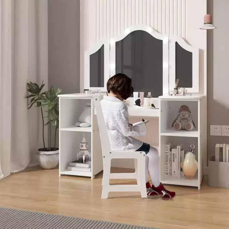 Coiffeuse 2 en 1 pour enfants avec lumières, ensemble bureau et chaise de princesse, étagères de rangement et armoire pour jeu d'imitation