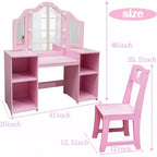 Coiffeuse 2 en 1 pour enfants avec lumières, ensemble bureau et chaise de princesse, étagères de rangement et armoire pour jeu d'imitation