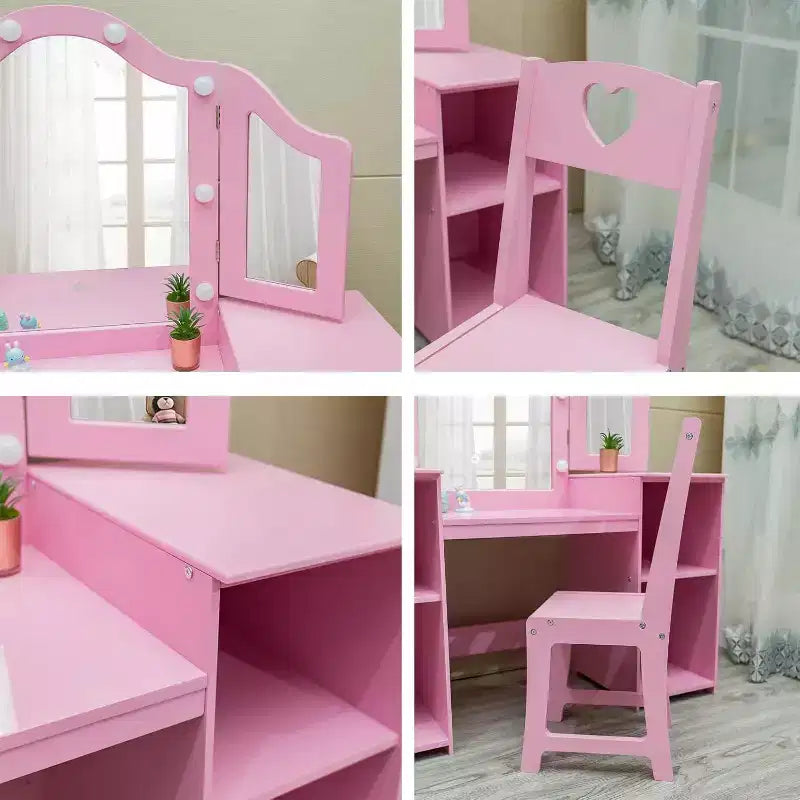 Coiffeuse 2 en 1 pour enfants avec lumières, ensemble bureau et chaise de princesse, étagères de rangement et armoire pour jeu d'imitation