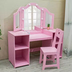 Coiffeuse 2 en 1 pour enfants avec lumières, ensemble bureau et chaise de princesse, étagères de rangement et armoire pour jeu d'imitation