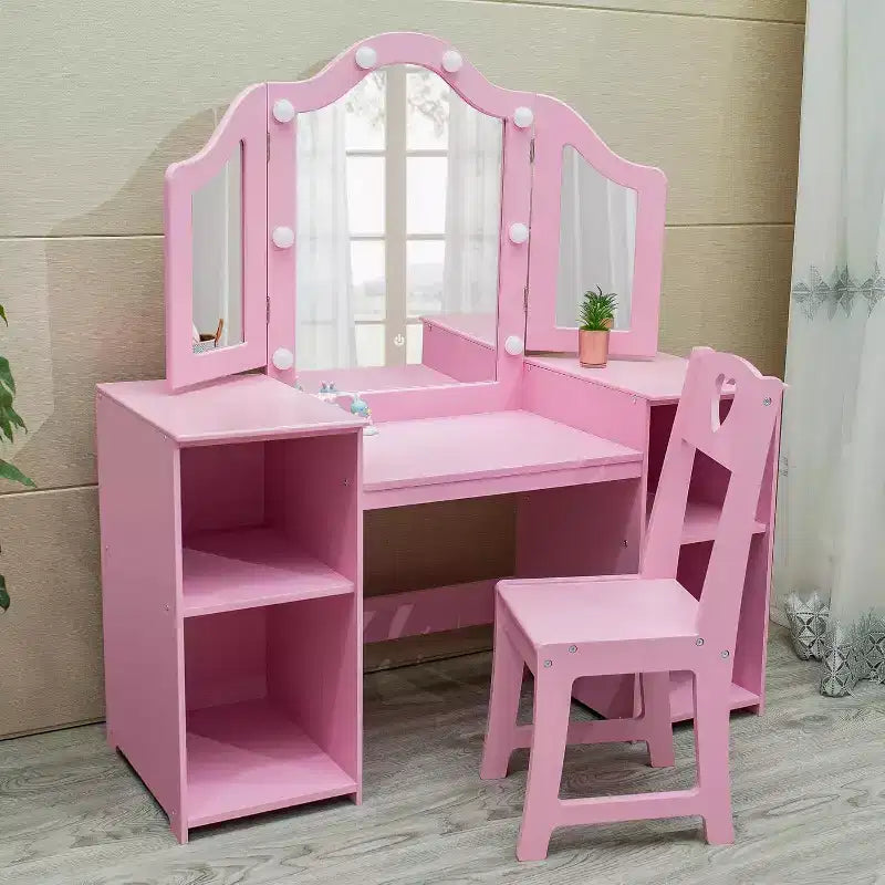 Coiffeuse 2 en 1 pour enfants avec lumières, ensemble bureau et chaise de princesse, étagères de rangement et armoire pour jeu d'imitation