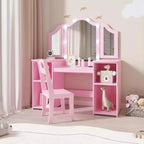 Coiffeuse 2 en 1 pour enfants avec lumières, ensemble bureau et chaise de princesse, étagères de rangement et armoire pour jeu d'imitation