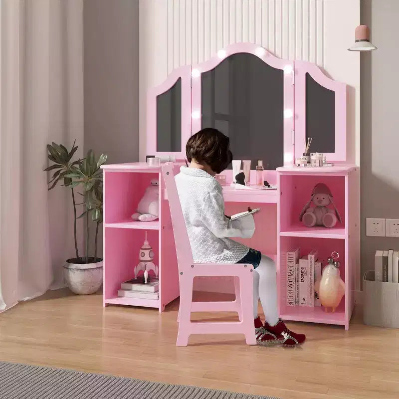 Coiffeuse 2 en 1 pour enfants avec lumières, ensemble bureau et chaise de princesse, étagères de rangement et armoire pour jeu d'imitation