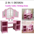 2-in-1 Kids Vanity with Lights, Princess Makeup Desk and Chair Set, Storage Shelves & Cabinet for Pretend Play