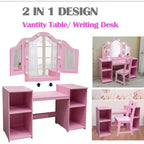 2-in-1 Kids Vanity with Lights, Princess Makeup Desk and Chair Set, Storage Shelves & Cabinet for Pretend Play