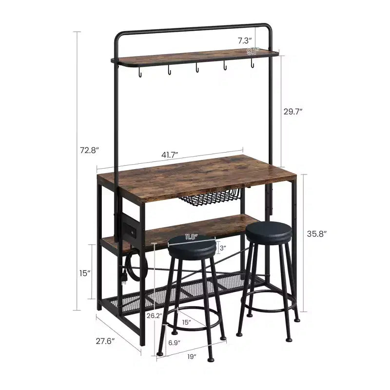 Îlot de cuisine industriel avec prise de courant, table de 107 cm, étagères de rangement, 2 tabourets de bar, 5 crochets, support à micro-ondes, bar à café