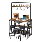 Îlot de cuisine industriel avec prise de courant, table de 107 cm, étagères de rangement, 2 tabourets de bar, 5 crochets, support à micro-ondes, bar à café