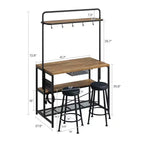 Îlot de cuisine industriel avec prise de courant, table de 107 cm, étagères de rangement, 2 tabourets de bar, 5 crochets, support à micro-ondes, bar à café