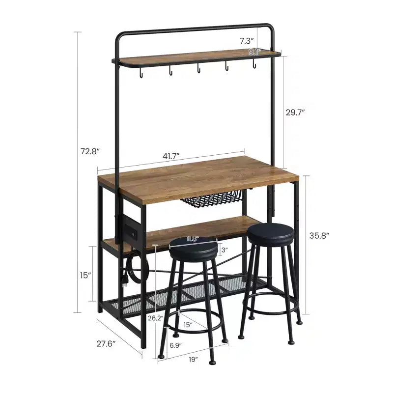 Îlot de cuisine industriel avec prise de courant, table de 107 cm, étagères de rangement, 2 tabourets de bar, 5 crochets, support à micro-ondes, bar à café