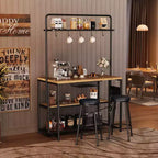 Industrial Kitchen Island Dining Table with Power Outlet  42'' Table, Storage Shelves, 2 Bar Stools, 5 Hooks, Microwave Stand  Coffee Bar