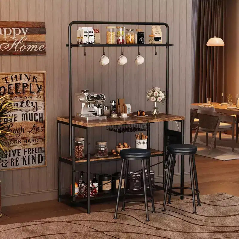 Îlot de cuisine industriel avec prise de courant, table de 107 cm, étagères de rangement, 2 tabourets de bar, 5 crochets, support à micro-ondes, bar à café