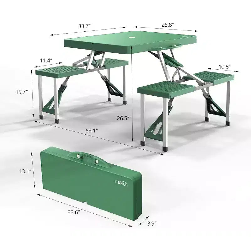 VINGLI Table de pique-nique pliante portable de 1,2 m Table de camping pliable avec 4 sièges et trou pour parasol Table de cartes de type valise - Supporte 100 kg