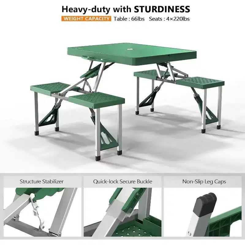 VINGLI Table de pique-nique pliante portable de 1,2 m Table de camping pliable avec 4 sièges et trou pour parasol Table de cartes de type valise - Supporte 100 kg