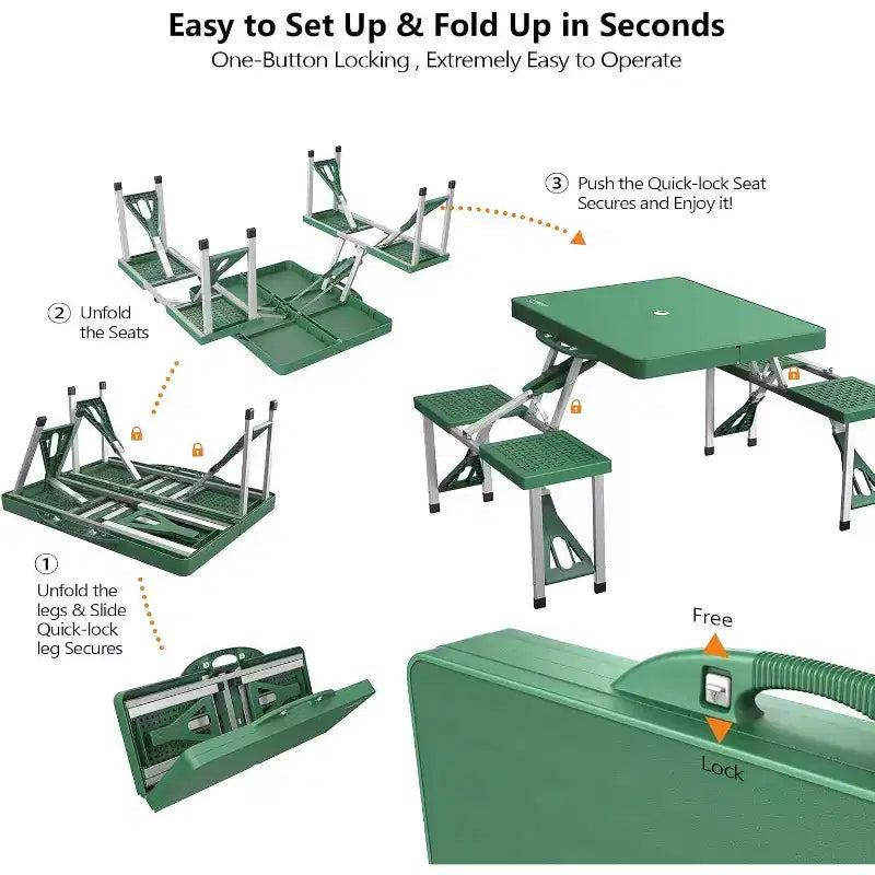 VINGLI Table de pique-nique pliante portable de 1,2 m Table de camping pliable avec 4 sièges et trou pour parasol Table de cartes de type valise - Supporte 100 kg