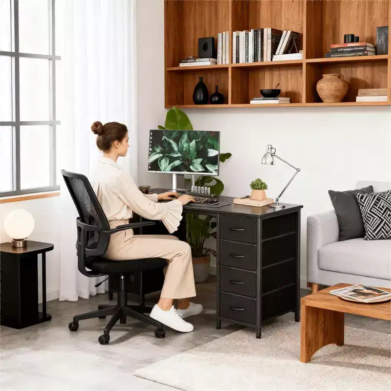 JIONJOY 47 Bureau informatique avec 8 tiroirs en tissu, grand bureau d'écriture de rangement pour bureau à domicile, jeux et études, cadre en métal robuste