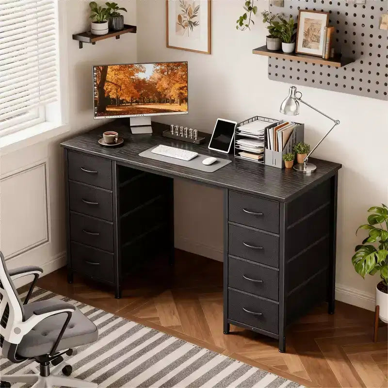 JIONJOY 47 Bureau informatique avec 8 tiroirs en tissu, grand bureau d'écriture de rangement pour bureau à domicile, jeux et études, cadre en métal robuste