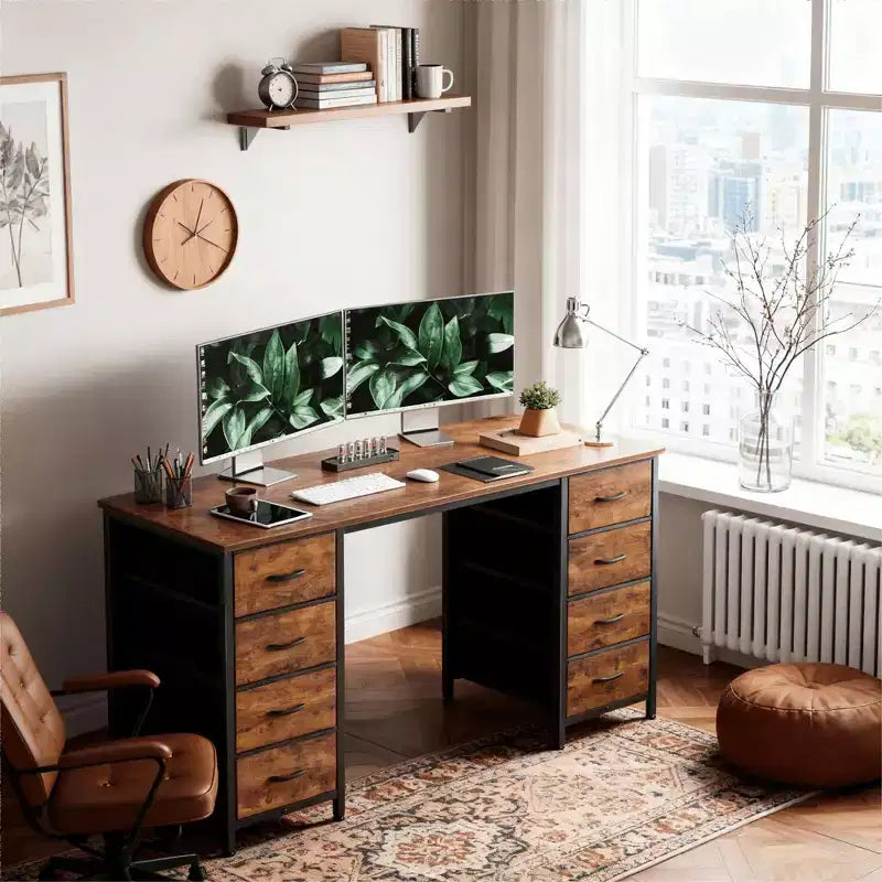 JIONJOY 47 Bureau informatique avec 8 tiroirs en tissu, grand bureau d'écriture de rangement pour bureau à domicile, jeux et études, cadre en métal robuste