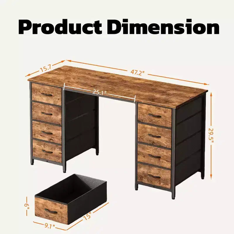 JIONJOY 47 Bureau informatique avec 8 tiroirs en tissu, grand bureau d'écriture de rangement pour bureau à domicile, jeux et études, cadre en métal robuste