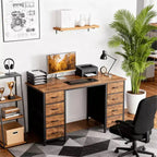 JIONJOY 47 Bureau informatique avec 8 tiroirs en tissu, grand bureau d'écriture de rangement pour bureau à domicile, jeux et études, cadre en métal robuste