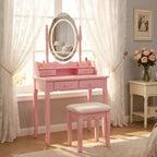 Modern Makeup Vanity Desk with Mirror and Lights, 4 Drawers, Matching Stool for Girls' Rooms, Pink Finish, Dimmable Lighting
