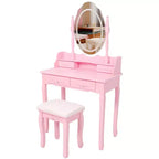 Coiffeuse moderne avec miroir et lumières, 4 tiroirs, tabouret assorti pour chambres de filles, finition rose, éclairage à intensité variable