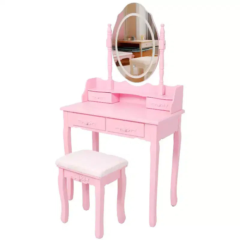 Coiffeuse moderne avec miroir et lumières, 4 tiroirs, tabouret assorti pour chambres de filles, finition rose, éclairage à intensité variable