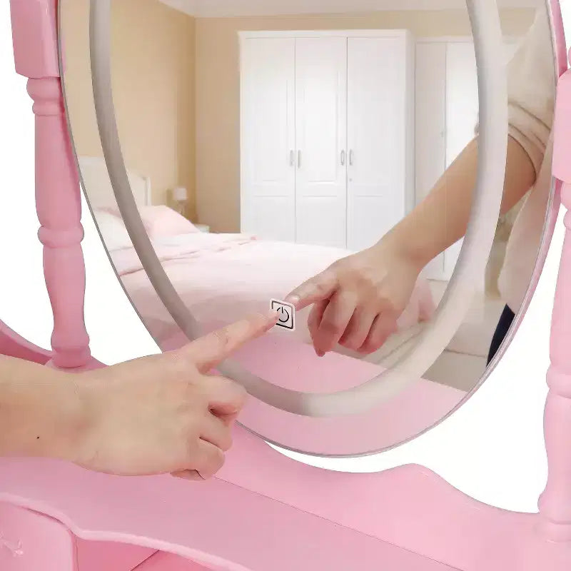 Coiffeuse moderne avec miroir et lumières, 4 tiroirs, tabouret assorti pour chambres de filles, finition rose, éclairage à intensité variable