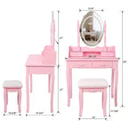 Coiffeuse moderne avec miroir et lumières, 4 tiroirs, tabouret assorti pour chambres de filles, finition rose, éclairage à intensité variable
