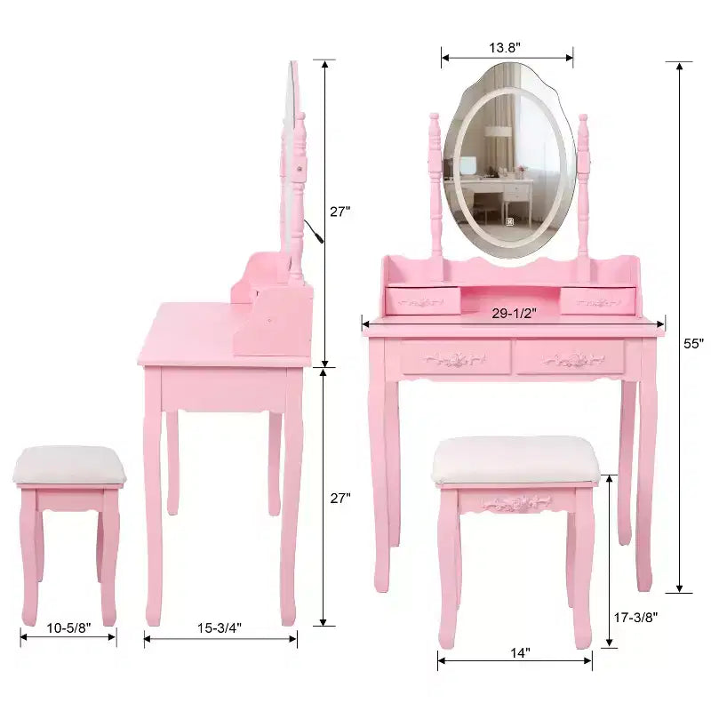 Coiffeuse moderne avec miroir et lumières, 4 tiroirs, tabouret assorti pour chambres de filles, finition rose, éclairage à intensité variable