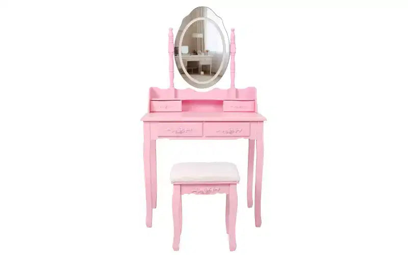 Coiffeuse moderne avec miroir et lumières, 4 tiroirs, tabouret assorti pour chambres de filles, finition rose, éclairage à intensité variable