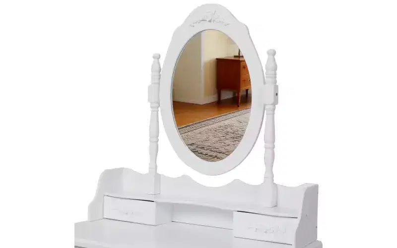 Coiffeuse Maquillage Moderne avec Miroir, 4 Tiroirs, Tabouret Assorti pour Chambres de Filles, Finition Blanche, Design Compact
