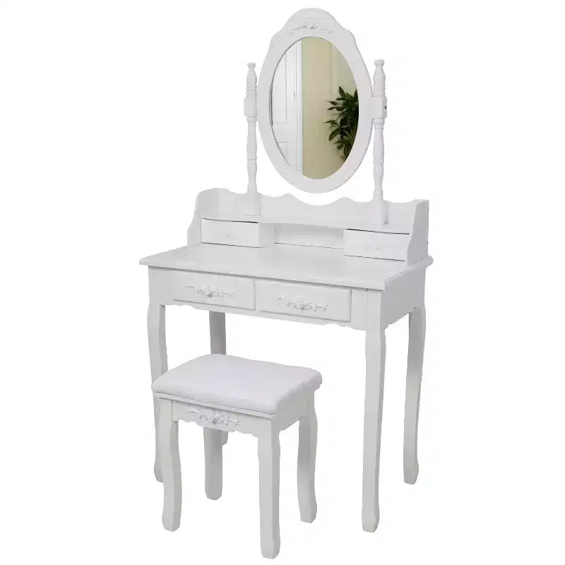 Coiffeuse Maquillage Moderne avec Miroir, 4 Tiroirs, Tabouret Assorti pour Chambres de Filles, Finition Blanche, Design Compact