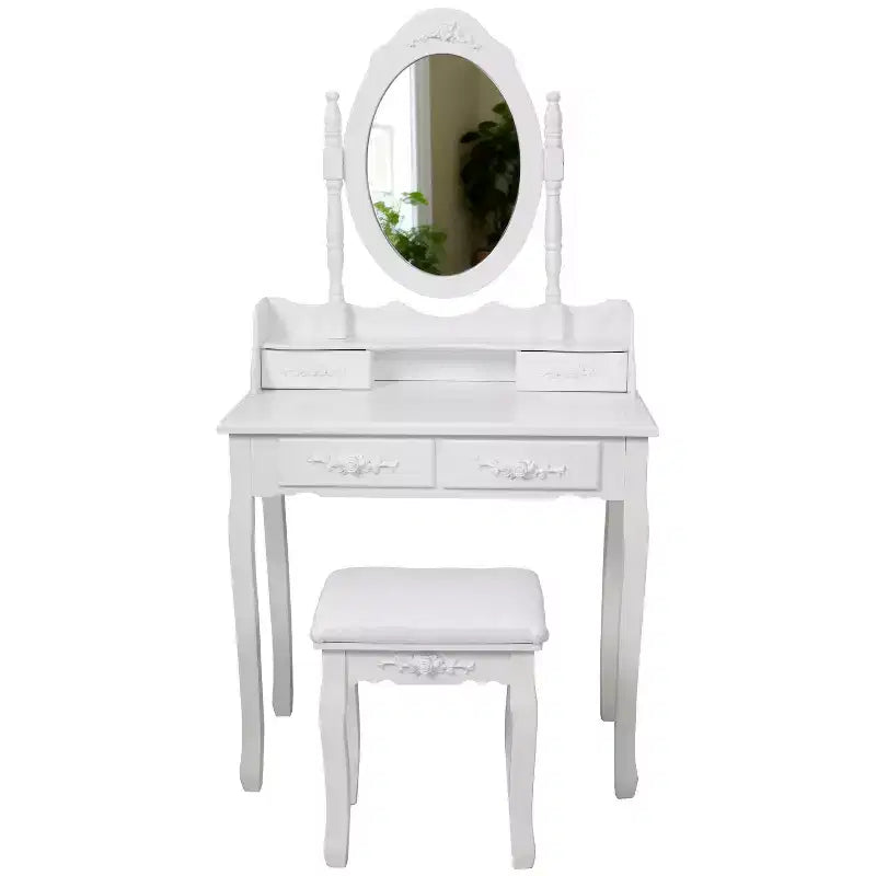 Coiffeuse Maquillage Moderne avec Miroir, 4 Tiroirs, Tabouret Assorti pour Chambres de Filles, Finition Blanche, Design Compact